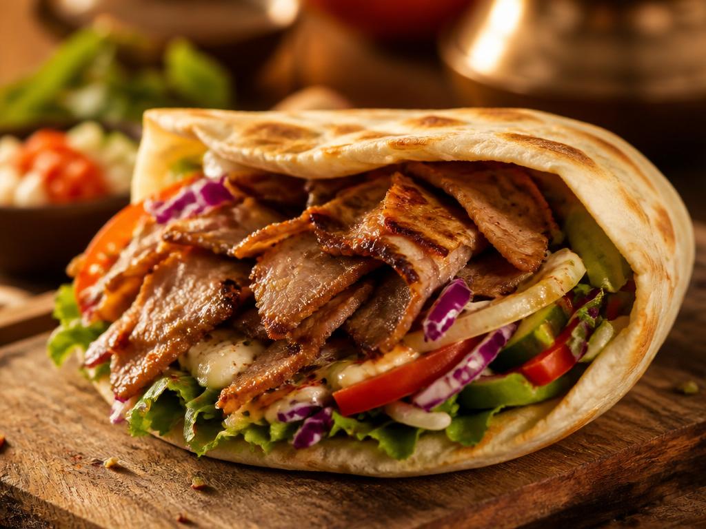 Frischer Döner mit saftigem Fleisch und Gemüse im Brot